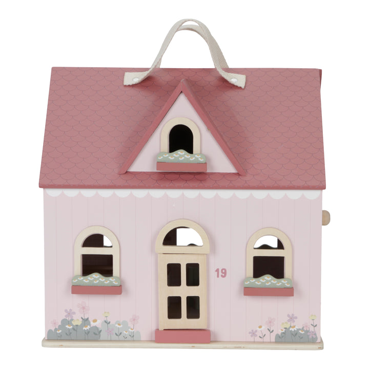 Little Dutch draagbaar houten poppenhuis in roze, compleet met meubels en handvat voor eenvoudig vervoer.