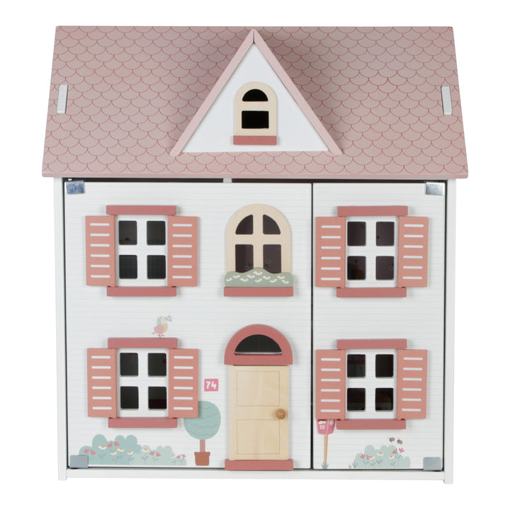 Little Dutch houten poppenhuis in wit met roze dak, compleet met Jim en Rosa pegdolls, open dak en meubels.