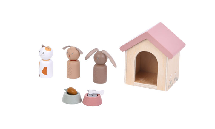 Aanvulset Poppenhuis Huisdieren van Little Dutch met hond, kat, konijn, mandjes en voederbakjes.

