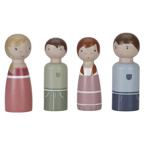 Aanvulset Poppenhuis Familie Rosa van Little Dutch, houten vader, moeder, zoon en dochter peg dolls.