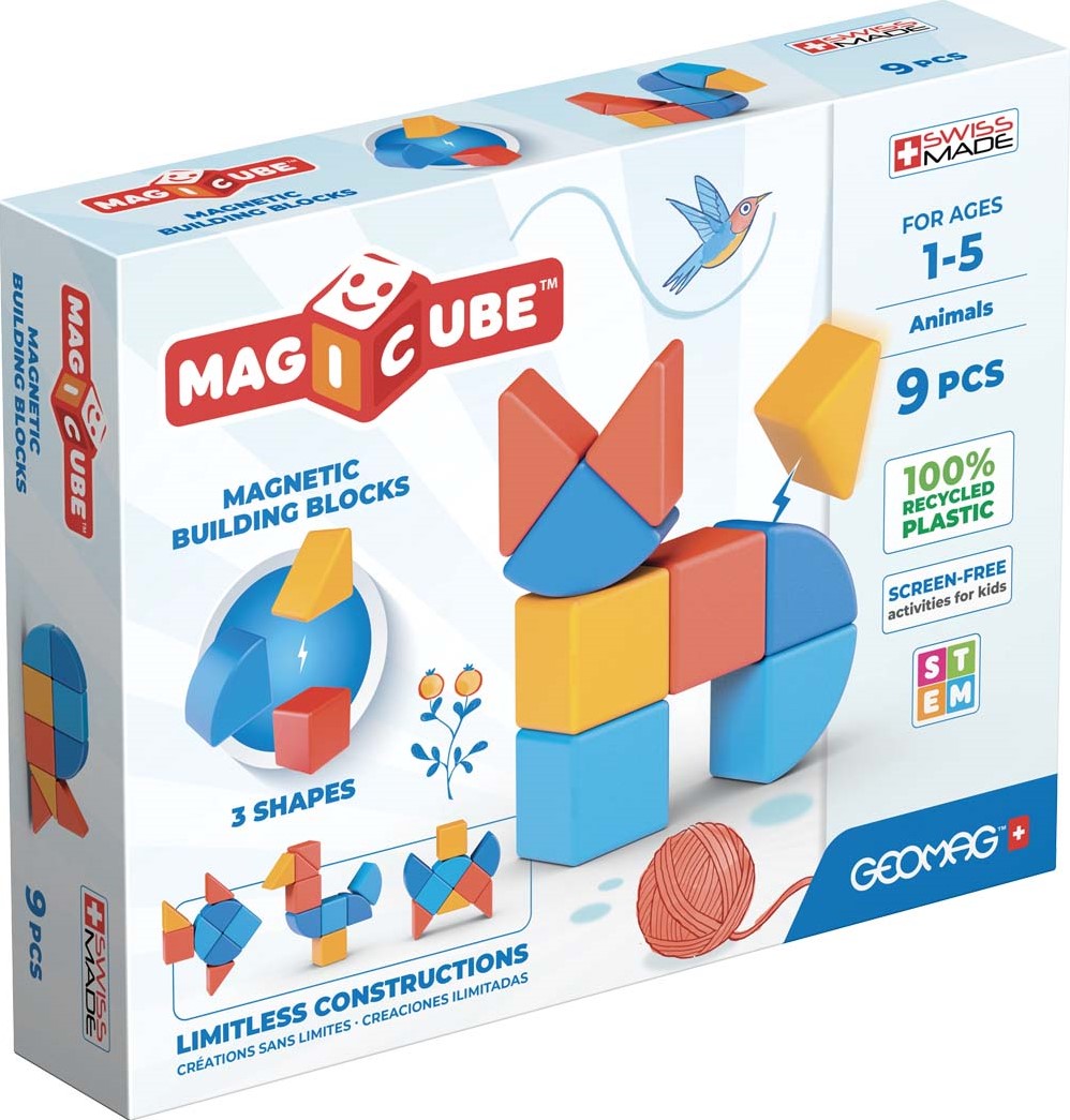 Geomag Magicube 3 Shapes Recycled Animals set, 9 magnetische blokken voor kinderen vanaf 1 jaar, educatief en duurzaam.