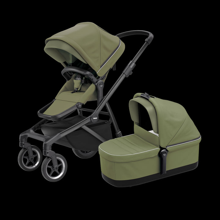 Thule Sleek kinderwagen, Midnight Soft Green on Black, met reiswieg, stijlvol en comfortabel.