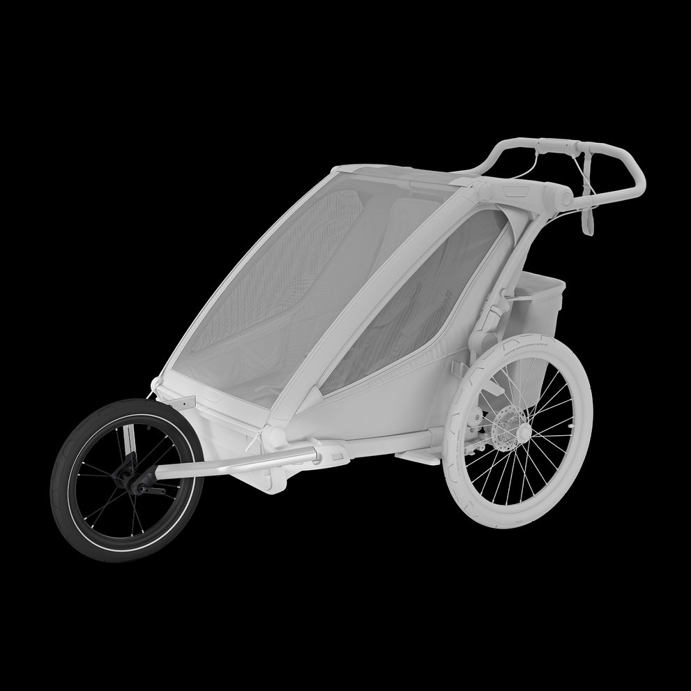 Thule Jog Kit Chariot G3 Dubbel met aluminium armen en 16-inch wiel bevestigd aan wandelwagen.