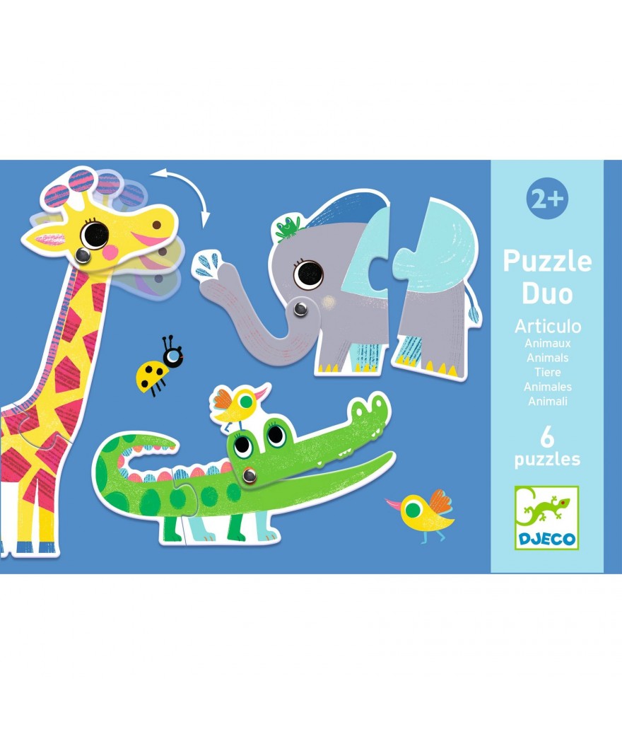 Djeco Puzzel Duo Wilde Dieren – 6 duo-puzzels van wilde dieren met beweegbare delen, vanaf 2 jaar