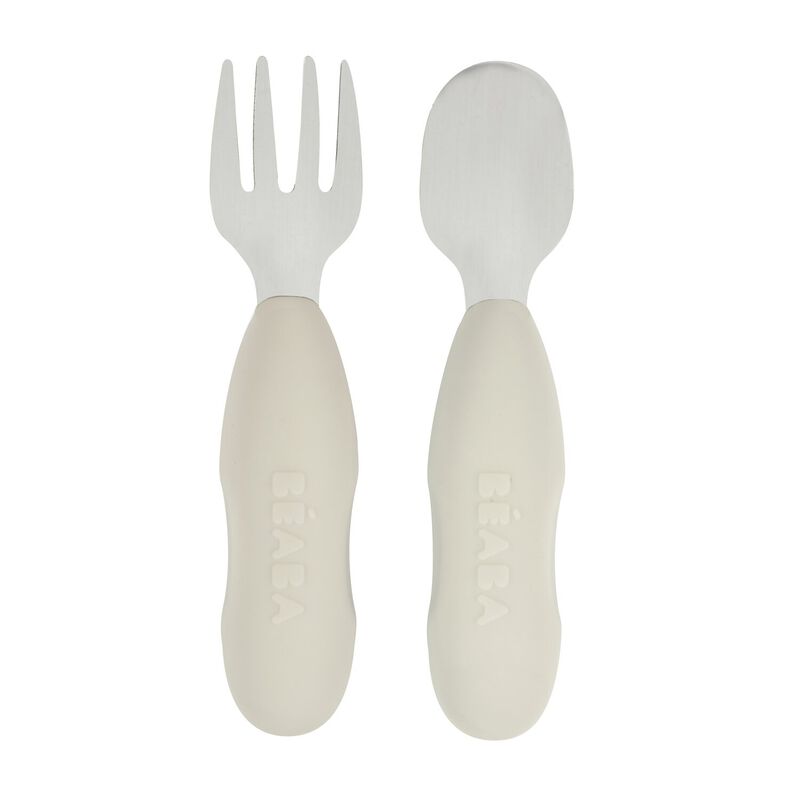 Béaba vork en lepel set voor baby’s in Velvet Grey met ergonomisch handvat.