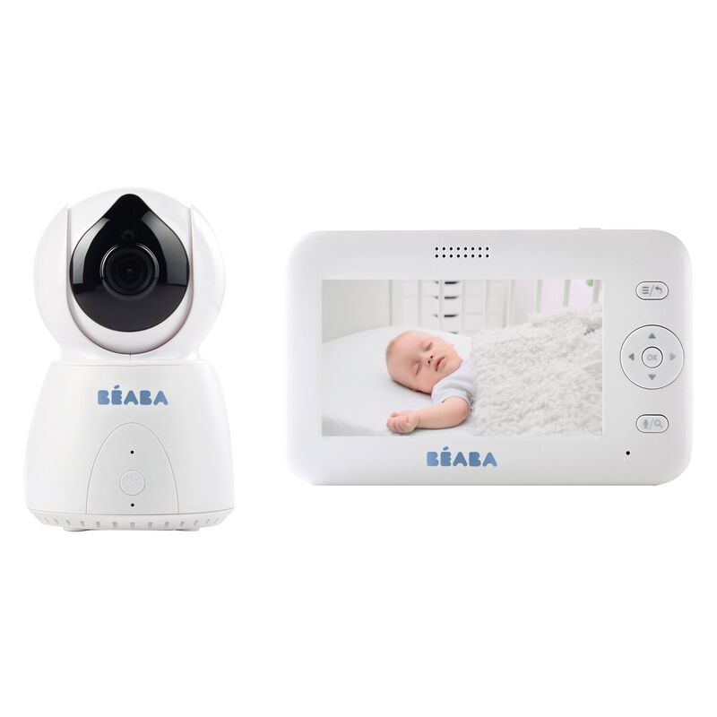 Beaba Babyfoon Video Zen Plus met zelfdraaiende camera, nachtzicht, en kleurenscherm.