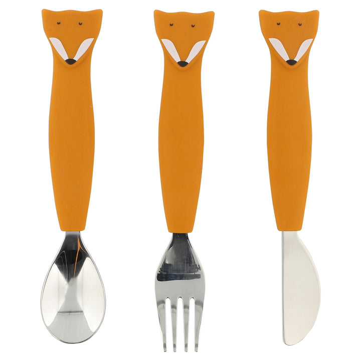 Trixie Mr. Fox siliconen bestek voor kinderen, inclusief vork, lepel en mes met vrolijke dierenthema.