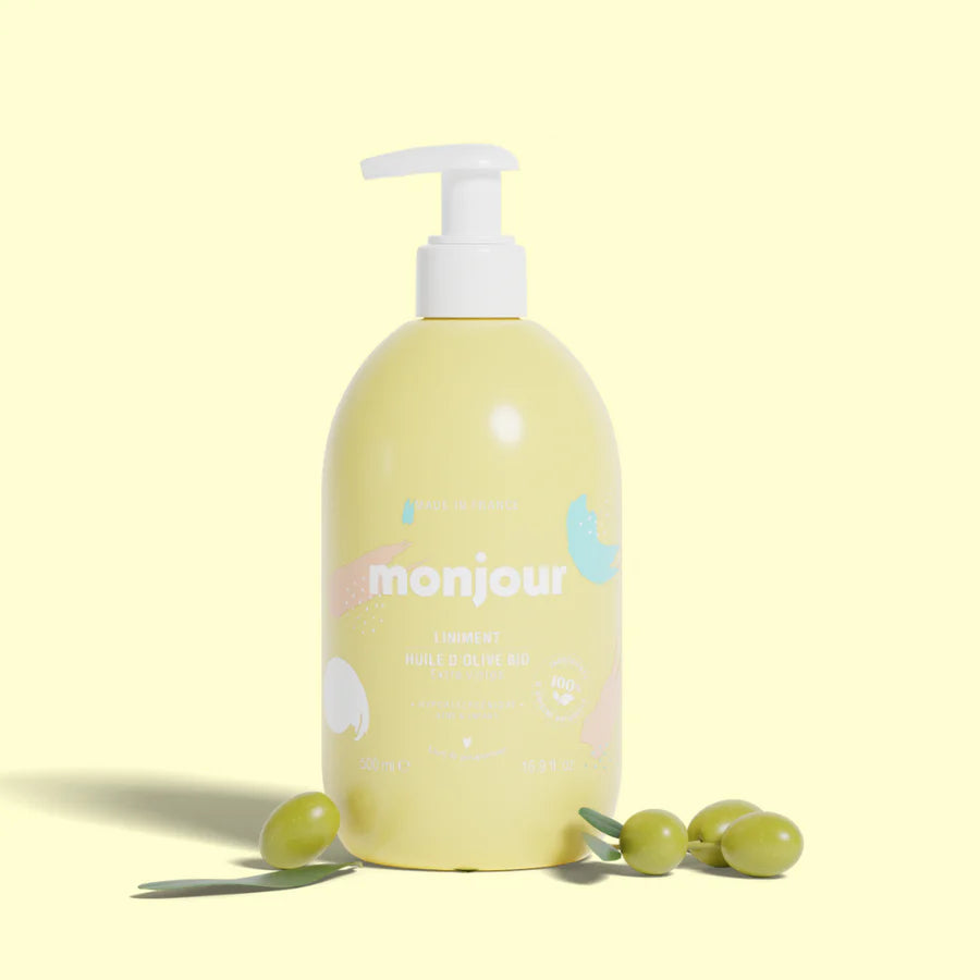 Monjour Liniment Zalf 500ml met biologische olijfolie, voor bescherming en verzorging van baby's zitvlak.