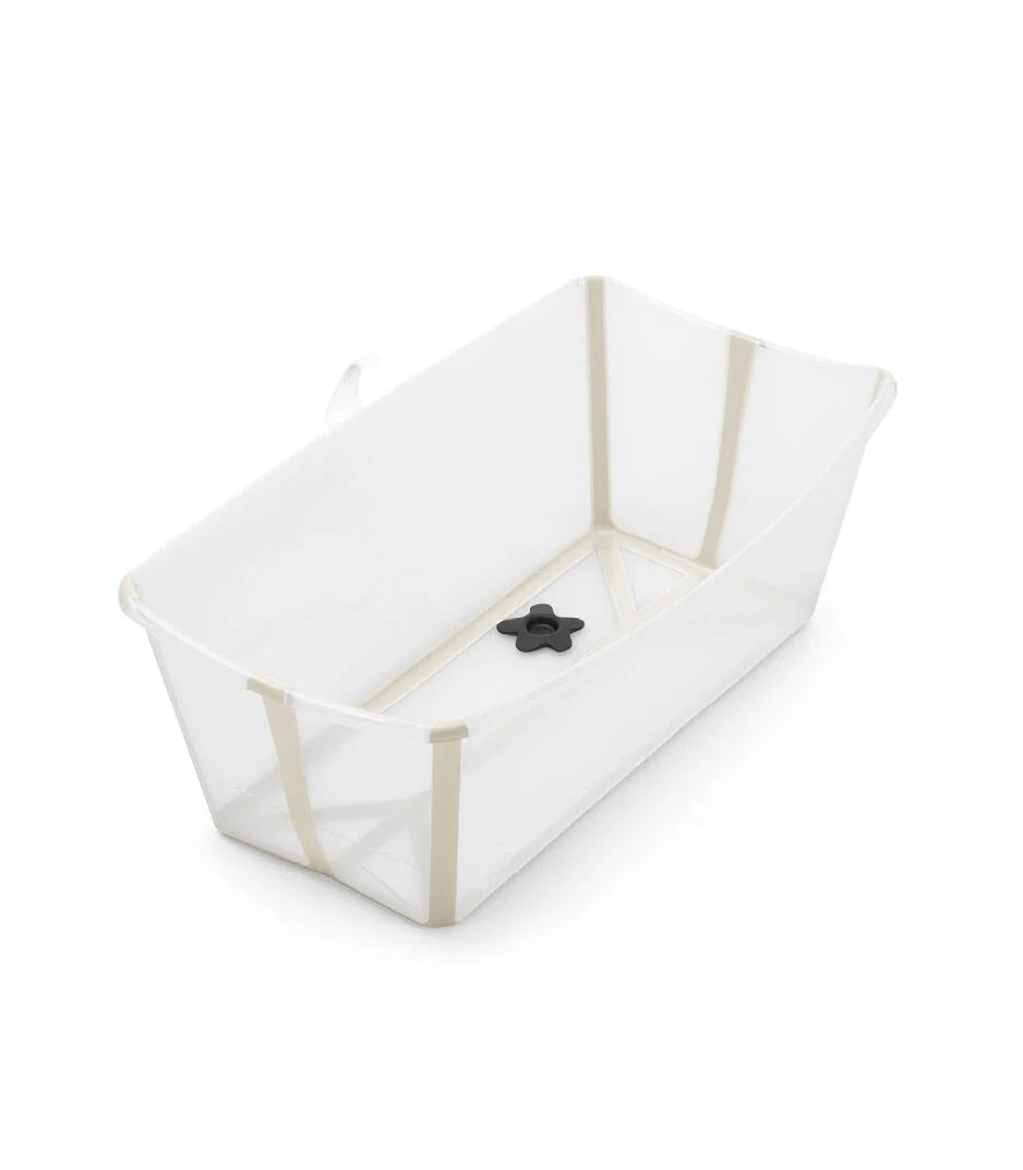 Stokke® Flexi Bath® in Transparent Sandy Beige, opvouwbaar babybadje met anti-slip bodem en warmtegevoelige badstop