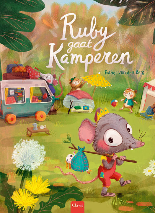 Boekcover van Clavis' Ruby Gaat Kamperen met illustratie van Ruby op een camping