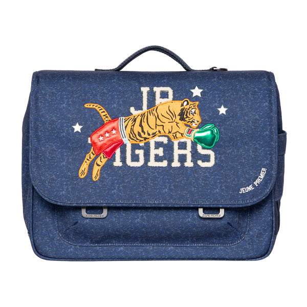 Jeune Premier It Bag Midi Boxing Tiger Navy Melange boekentas voor kinderen met stoere tijger, waterafstotend en gemaakt van gerecycleerde materialen