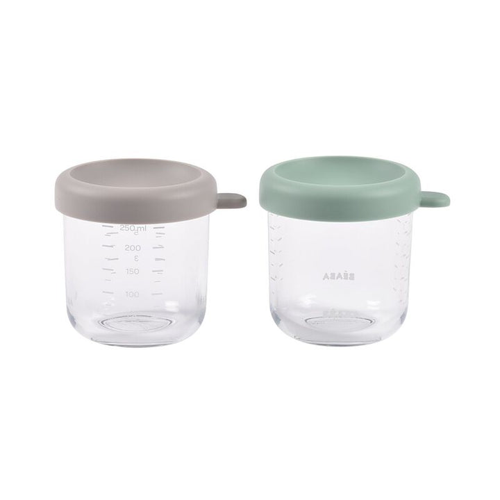 Set van 2 Béaba glazen bewaarpotjes 250ml in Green/Gazelle, met hermetisch deksel