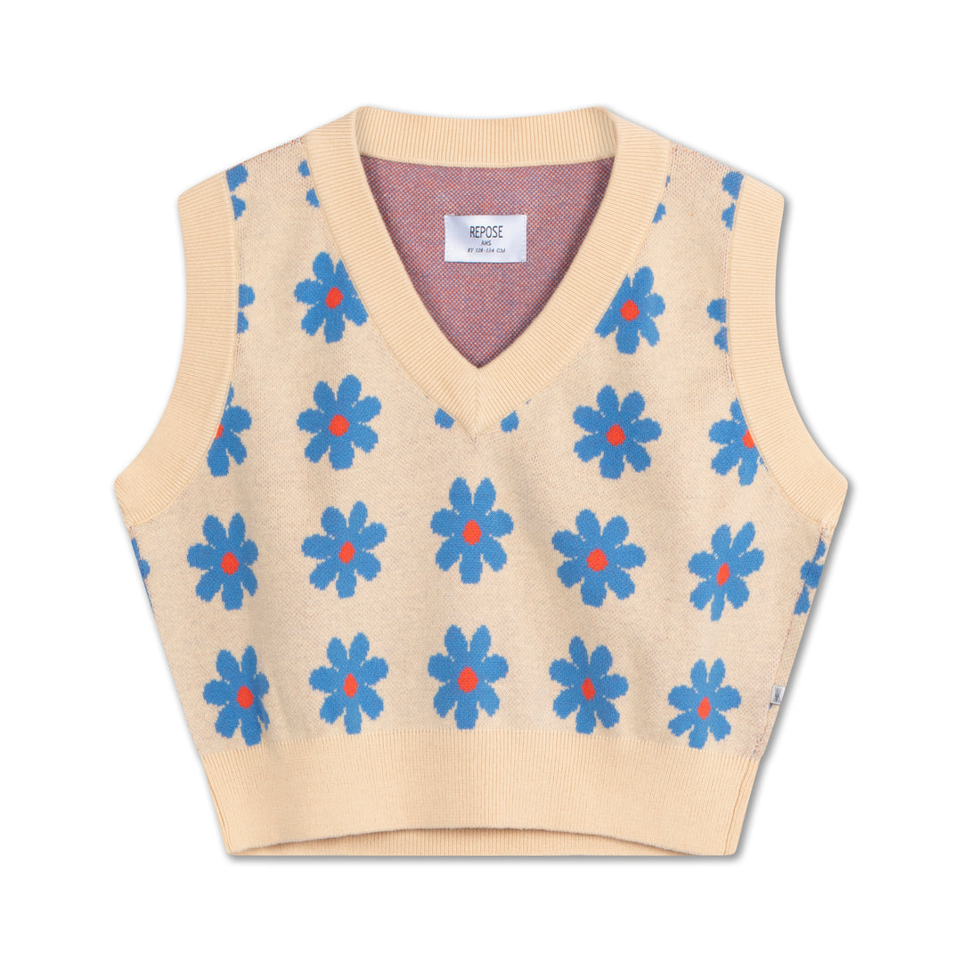 Repose Trui Spencer Knit met bloemenpatroon, geribde V-hals en kort model