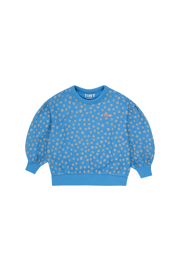 Felblauwe sweater met all-over madeliefjesprint van Tiny Cottons, voorkant
