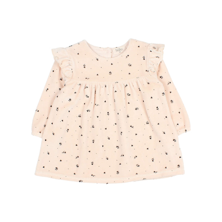 Buho baby fluwelen jurk met cuore print, ruches en knoopsluiting in Cream Pink