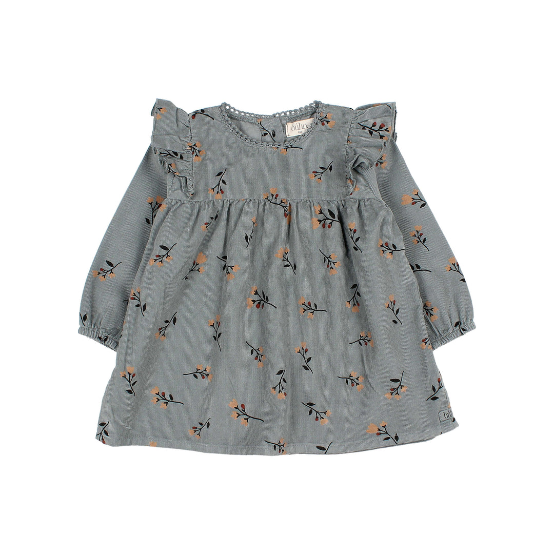 Buho baby ribfluwelen jurk met folkloristische print, ruches en decoratieve kanten afwerking in de kleur Elephant