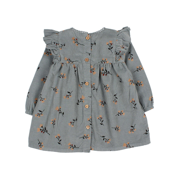 Buho baby ribfluwelen jurk met folkloristische print, ruches en decoratieve kanten afwerking in de kleur Elephant