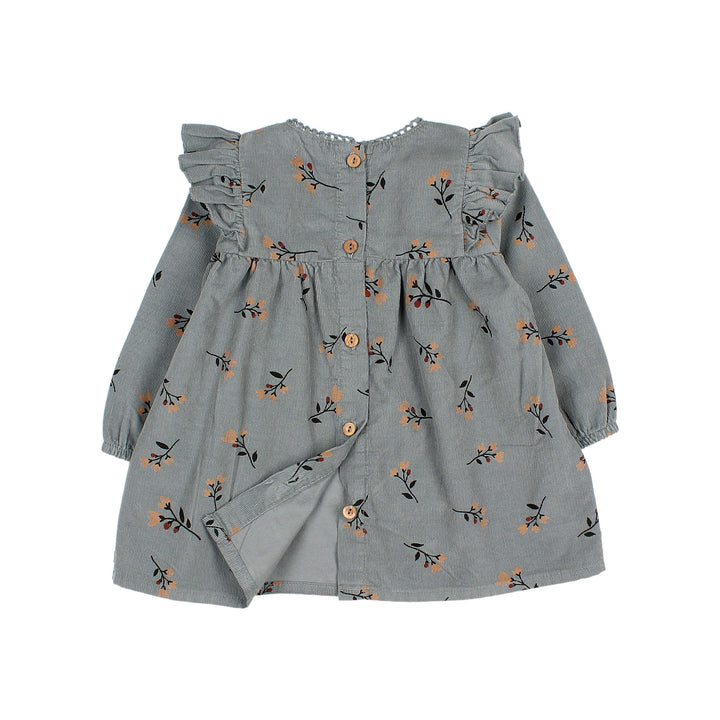 Buho baby ribfluwelen jurk met folkloristische print, ruches en decoratieve kanten afwerking in de kleur Elephant