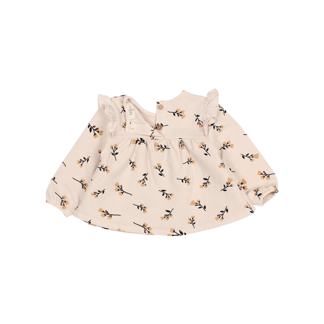 Buho pluche blouse in Sand met folkloristische print, ronde halslijn en ruches op het juk