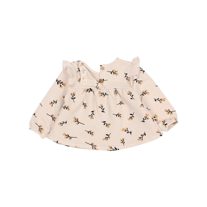 Buho pluche blouse in Sand met folkloristische print, ronde halslijn en ruches op het juk