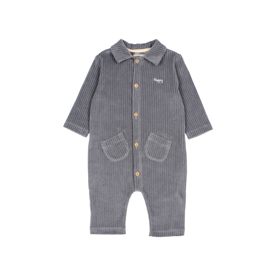 Buho baby jumpsuit in ribfluweel met lange mouwen, overhemdkraag, knopen en vrolijk borduursel in de kleur Elephant