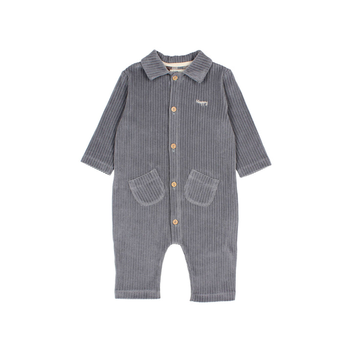 Buho baby jumpsuit in ribfluweel met lange mouwen, overhemdkraag, knopen en vrolijk borduursel in de kleur Elephant