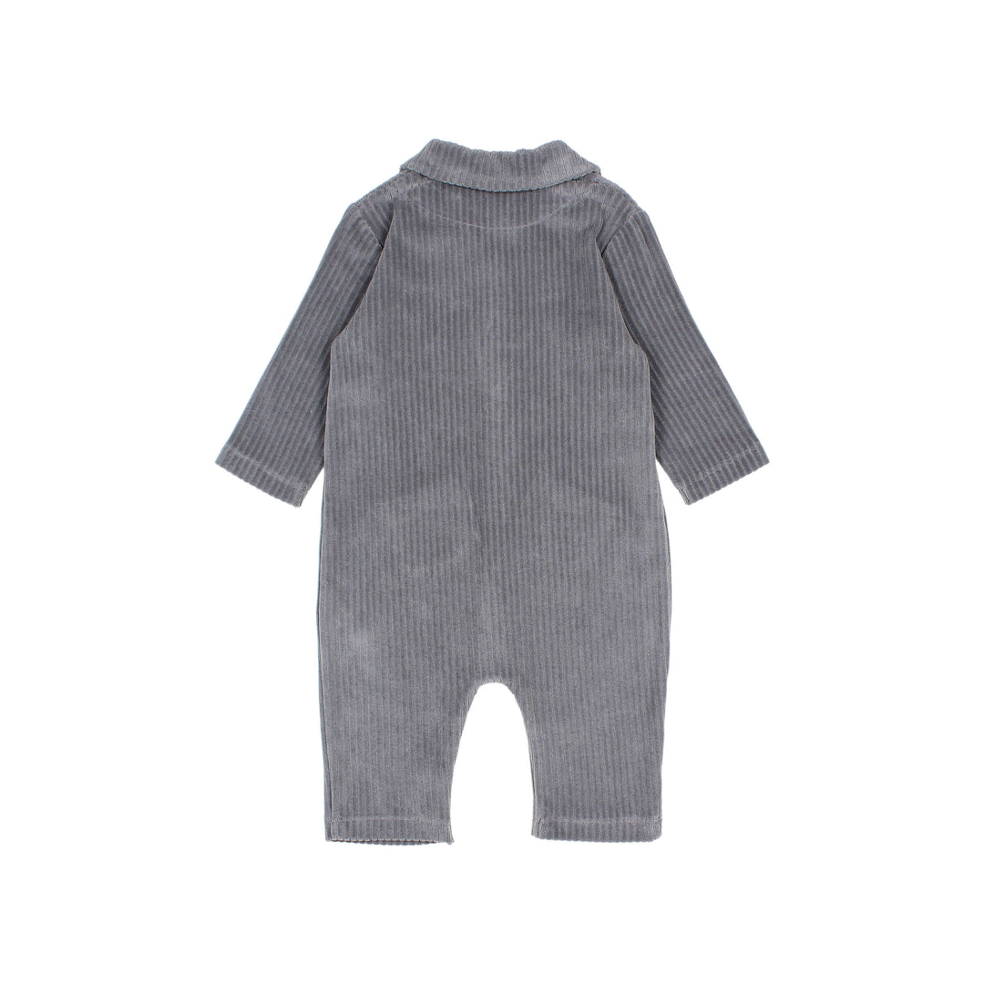 Buho baby jumpsuit in ribfluweel met lange mouwen, overhemdkraag, knopen en vrolijk borduursel in de kleur Elephant