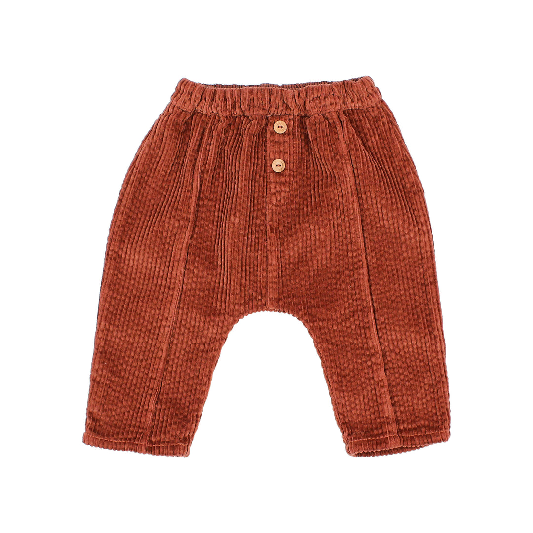 Buho baby corduroy broek in Henna met elastische tailleband en sierknopen op de gulp