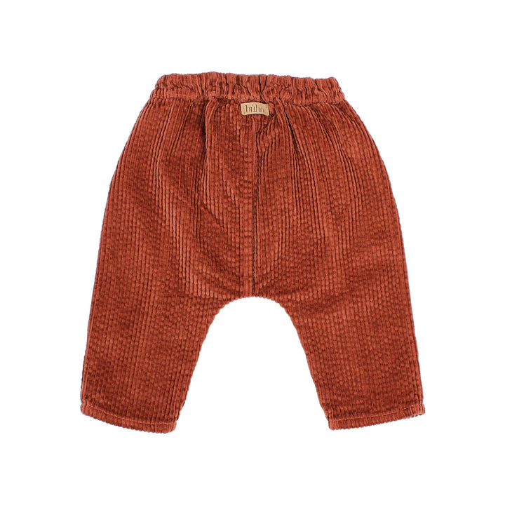 Buho baby corduroy broek in Henna met elastische tailleband en sierknopen op de gulp