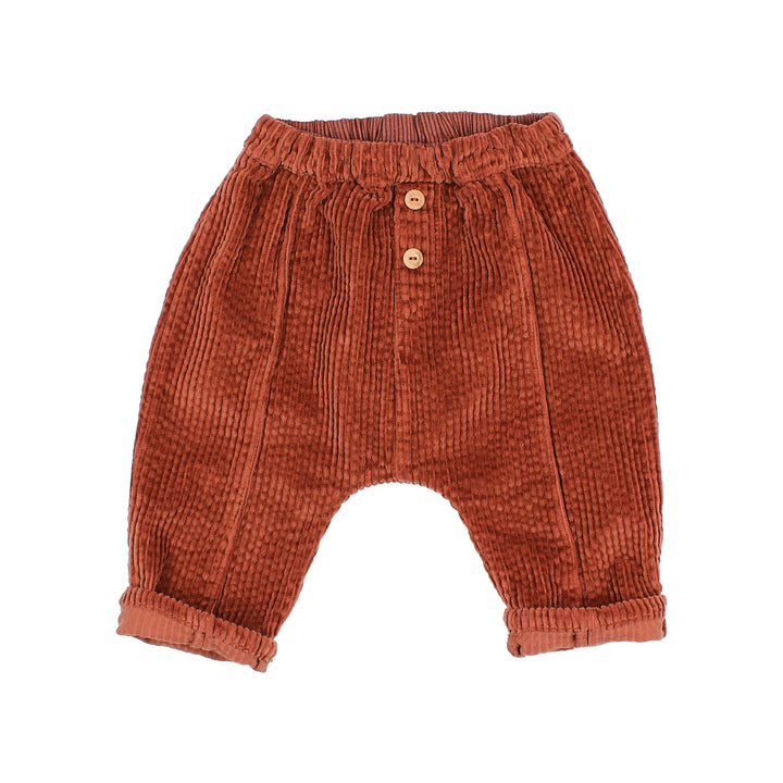 Buho baby corduroy broek in Henna met elastische tailleband en sierknopen op de gulp