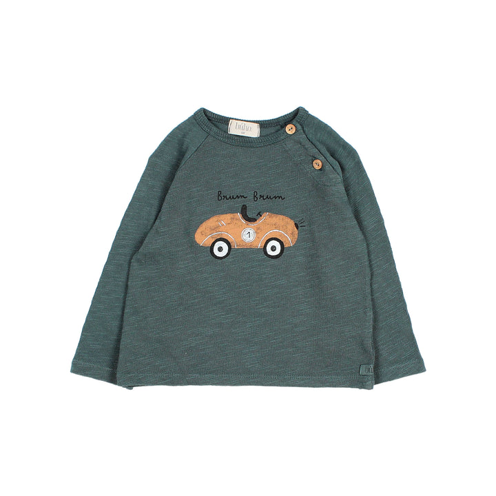 Buho baby T-shirt in Bosco met lange mouwen, autoprint en knoopsluiting bij de hals