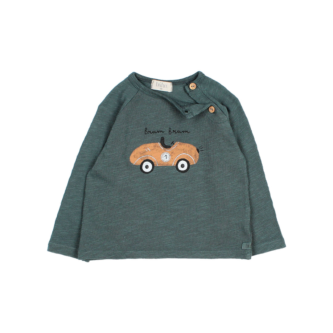 Buho baby T-shirt in Bosco met lange mouwen, autoprint en knoopsluiting bij de hals