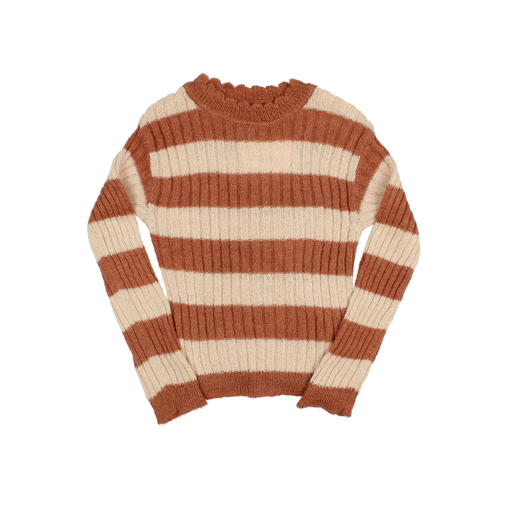 Buho gestreepte ribtricot trui in Terracotta met ronde hals, gemaakt van alpacawol en Italiaans garen