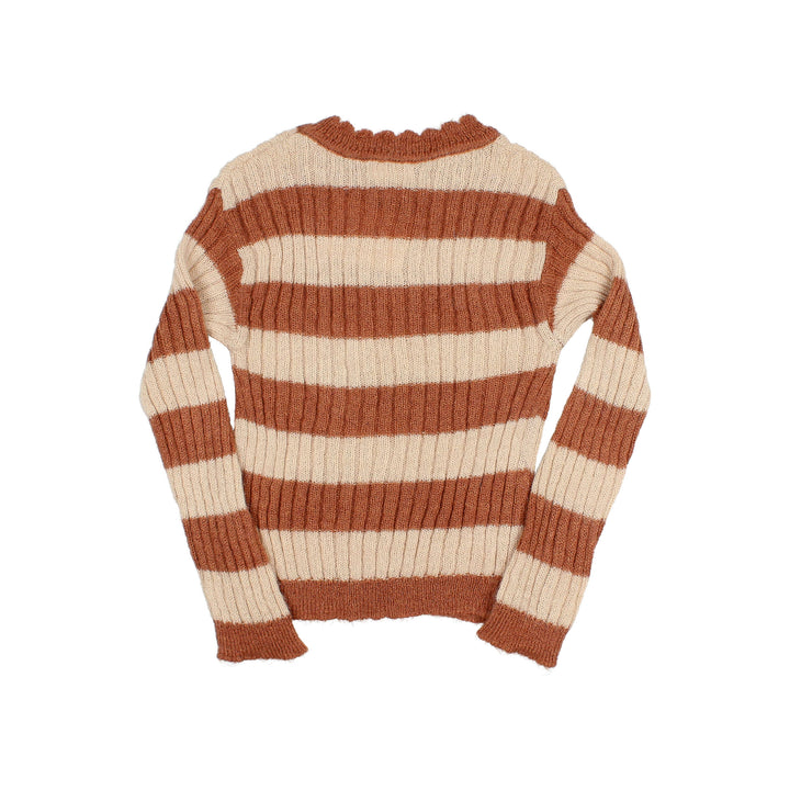 Buho gestreepte ribtricot trui in Terracotta met ronde hals, gemaakt van alpacawol en Italiaans garen