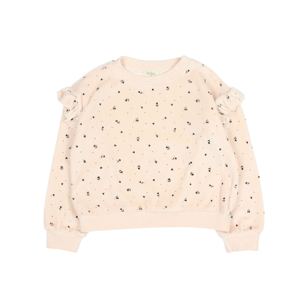 Buho fluwelen sweater in Cream Pink met cuore print, ruches bij de armsgaten en geribde boorden