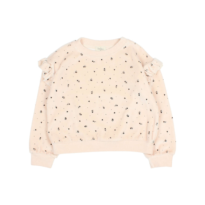 Buho fluwelen sweater in Cream Pink met cuore print, ruches bij de armsgaten en geribde boorden