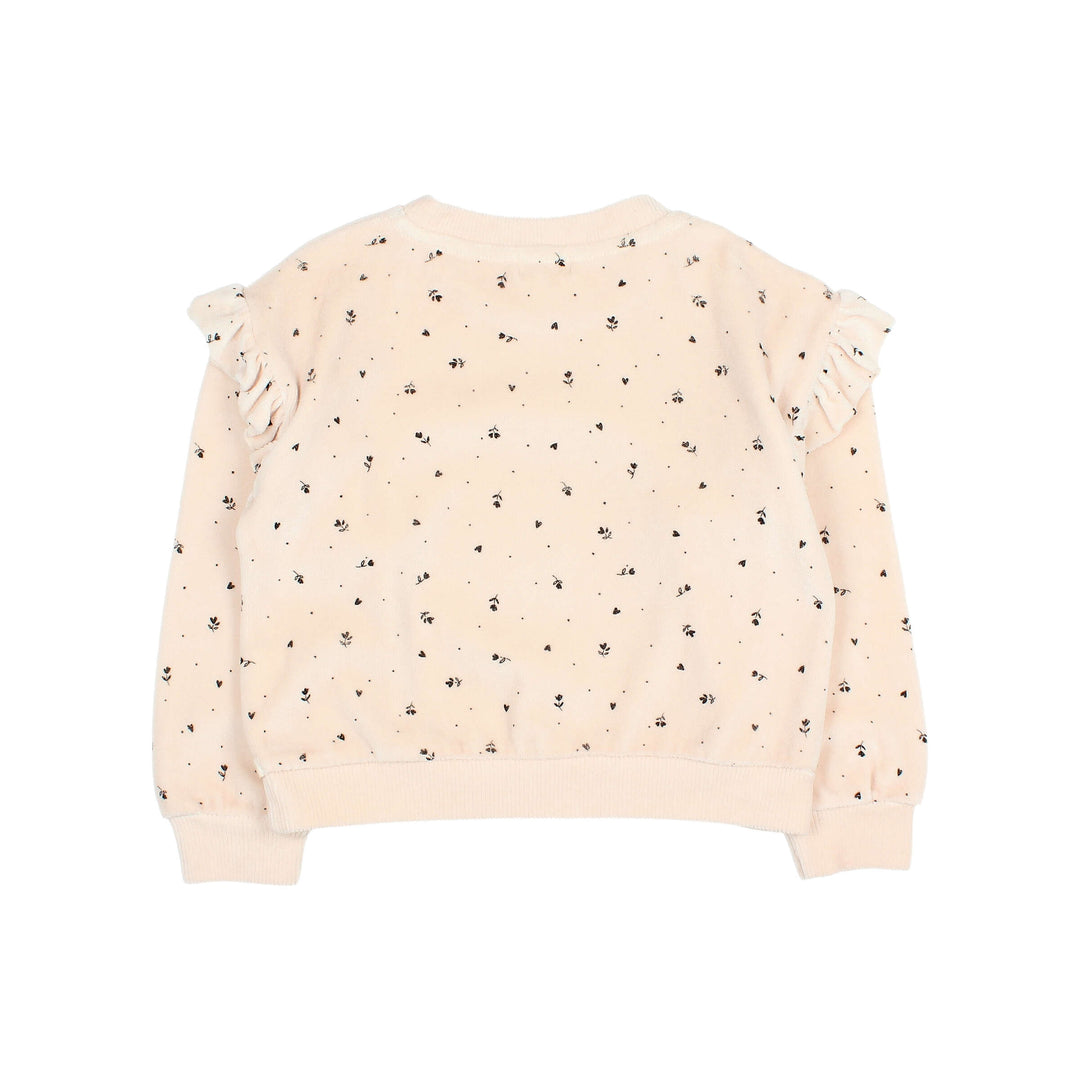 Buho fluwelen sweater in Cream Pink met cuore print, ruches bij de armsgaten en geribde boorden