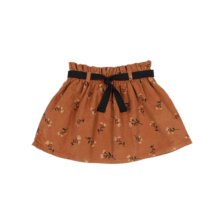 Buho micro ribfluwelen rok in Toffee met folkprint en elastische tailleband met breed zwart lint