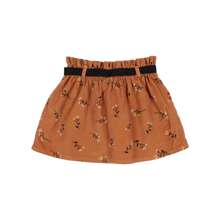 Buho micro ribfluwelen rok in Toffee met folkprint en elastische tailleband met breed zwart lint