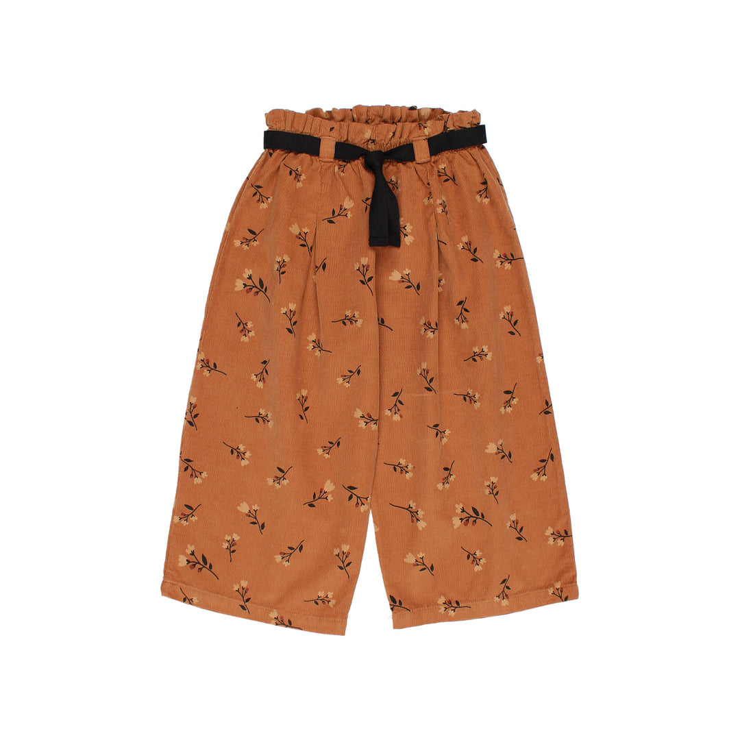 Buho wijde microcorduroy broek in Toffee met folkprint en elastische tailleband met breed zwart lint