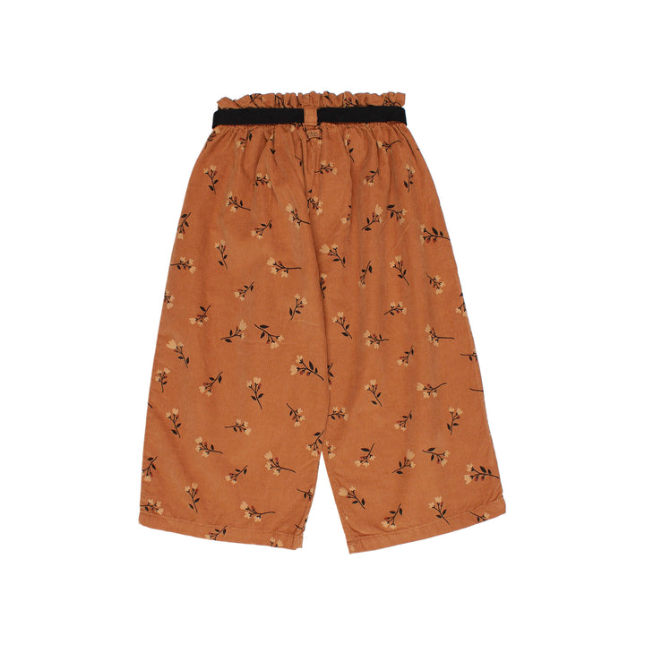 Buho wijde microcorduroy broek in Toffee met folkprint en elastische tailleband met breed zwart lint