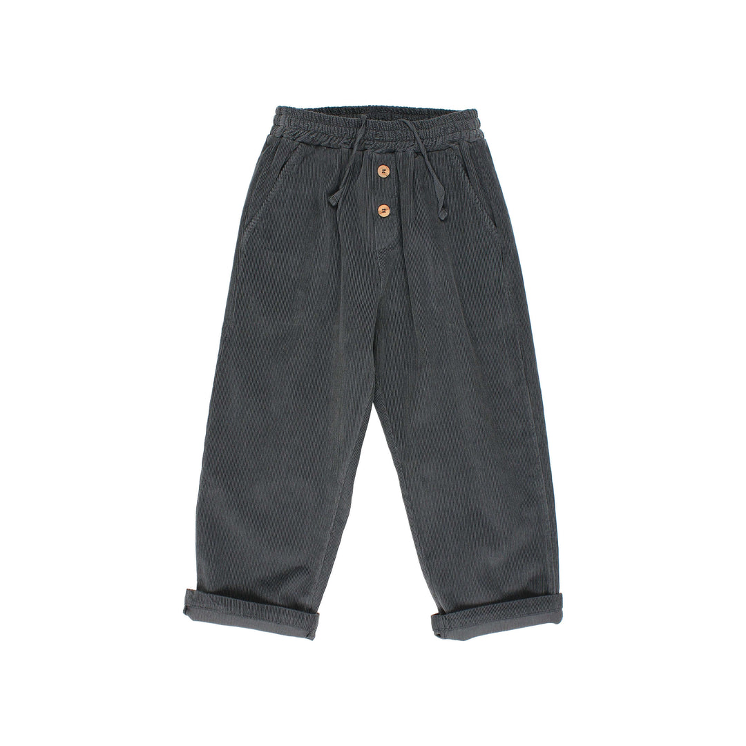 Buho micro ribfluwelen broek in Antracite met elastische taille, sierknopen en zijzakken