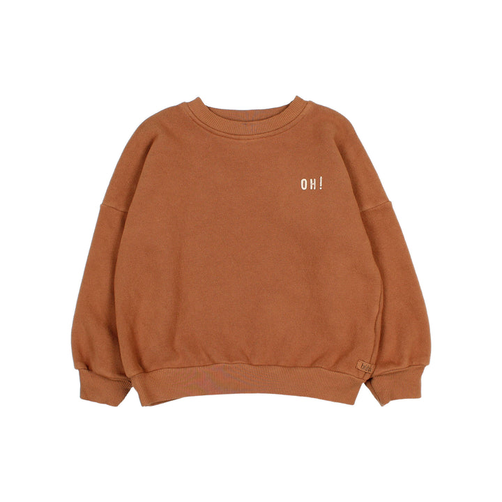 Buho zachte fleece sweater in Toffee met "Oh happy day" print, ronde hals en geribde boorden