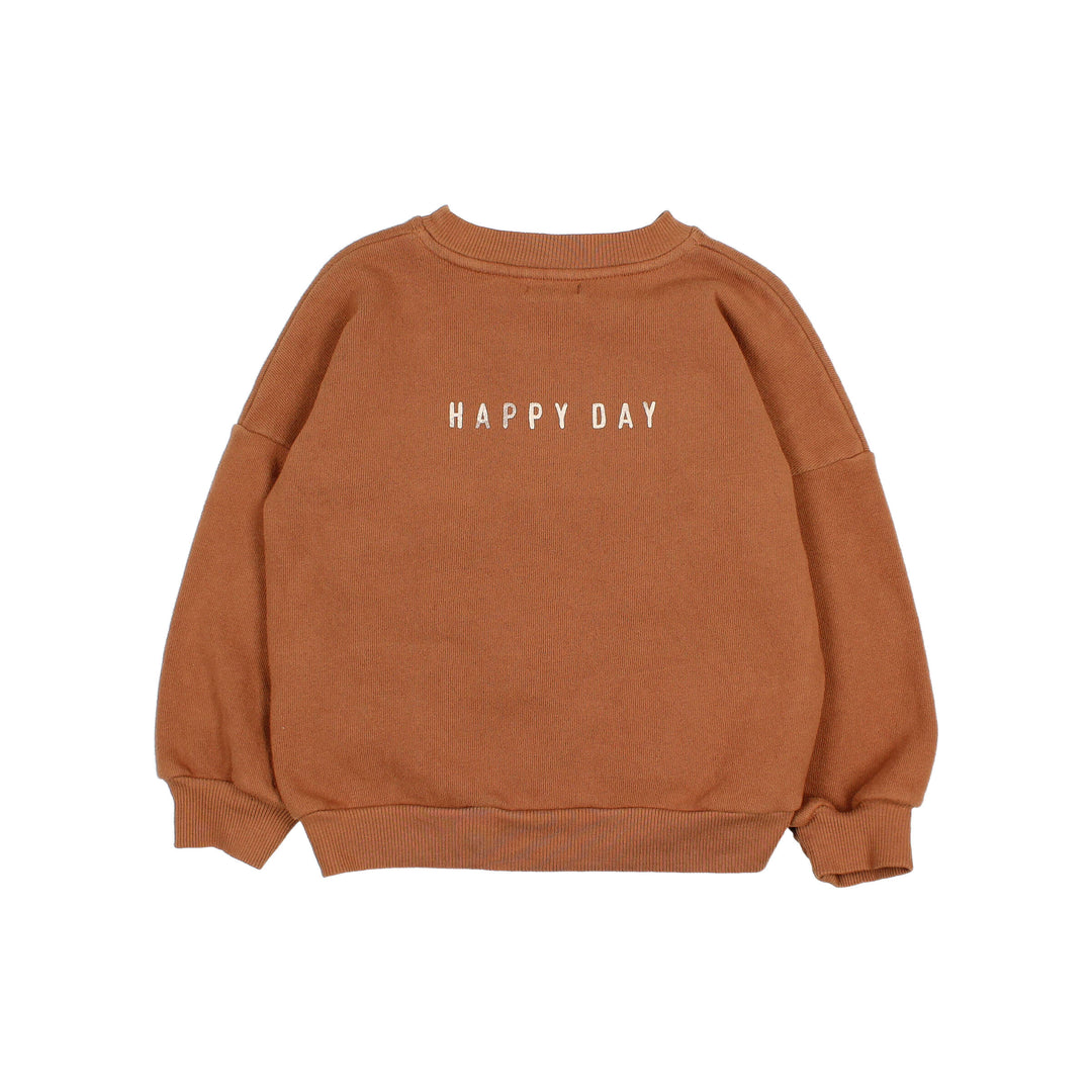 Buho zachte fleece sweater in Toffee met "Oh happy day" print, ronde hals en geribde boorden