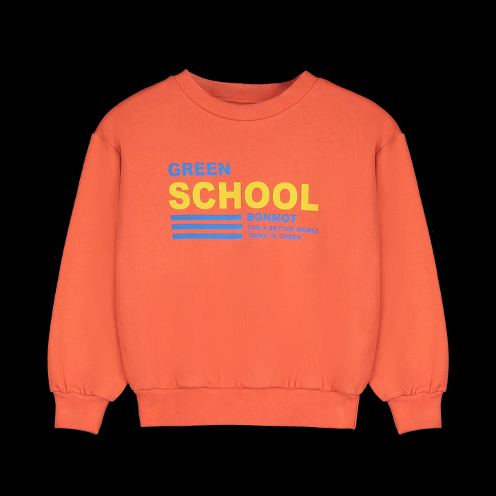 Bonmot sweater in Orangine met gele schoolopdruk, ronde hals en geribde boorden