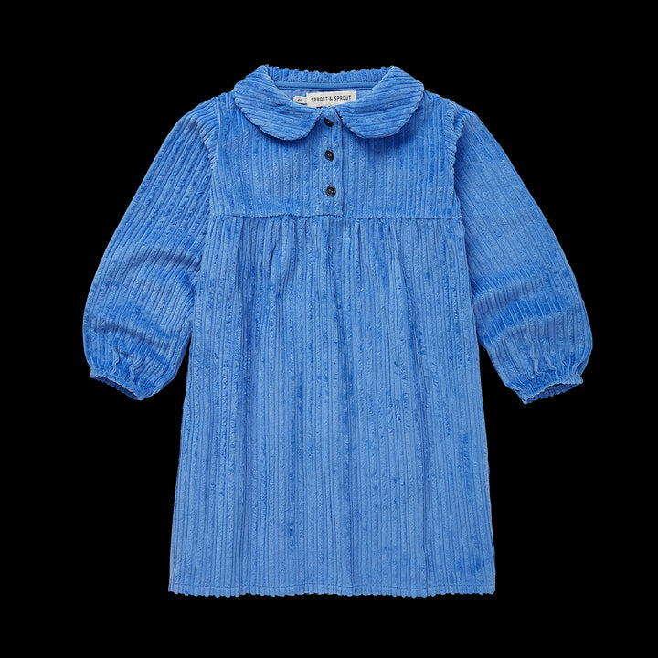 Sproet & Sprout corduroy rib jurk in Molecule Blue met pofmouwen, Peter Pan-kraag, en drukknopen