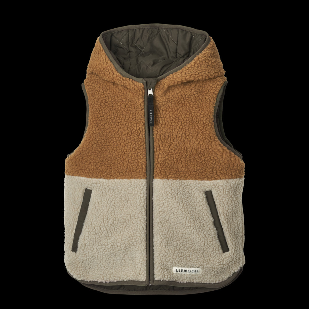 Liewood Diana omkeerbare bodywarmer in Army Brown Mix, gemaakt van gerecycled polyester met rits en zakken aan beide zijden