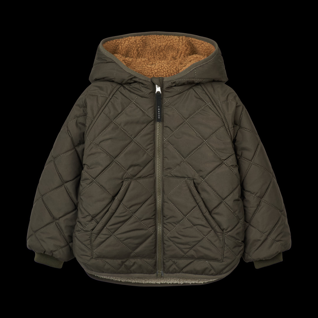 Liewood Jackson omkeerbare thermo jas in Army Brown Mix, gemaakt van gerecycled polyester, met zakken aan beide zijden