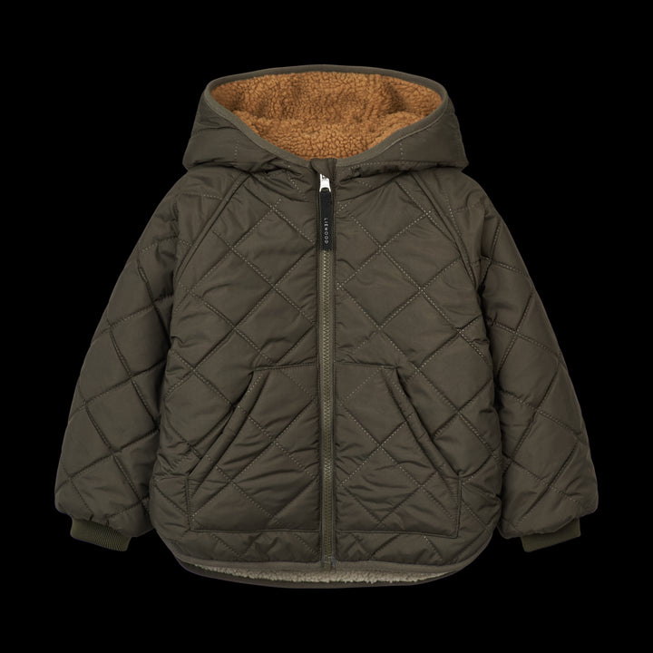 Liewood Jackson omkeerbare thermo jas in Army Brown Mix, gemaakt van gerecycled polyester, met zakken aan beide zijden