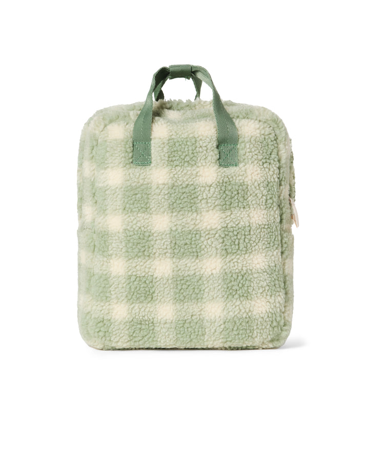 Zachte teddy rugzak Garbo & Friends Pile in Sage Check met ruitjesprint, gerecycled polyester